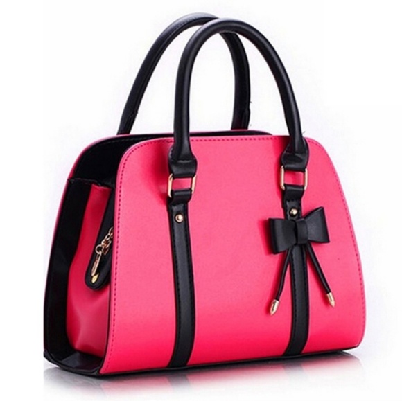 unbranded Handbags - Hot pink & black trim satchel, bow super cute